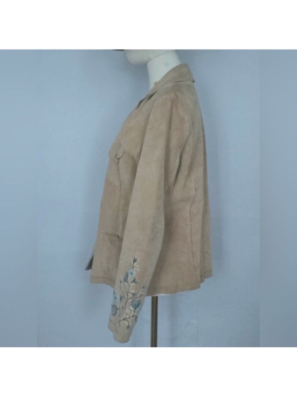Tan Suede Floral Embroiderd Cuff Blazer Jacket Size M - Picture 4 of 15